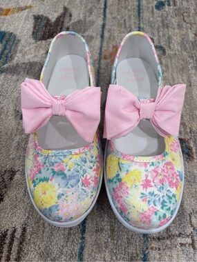 Janie & Jack Girls Floral Pink Bow Mary Jane Shoes Sz 3